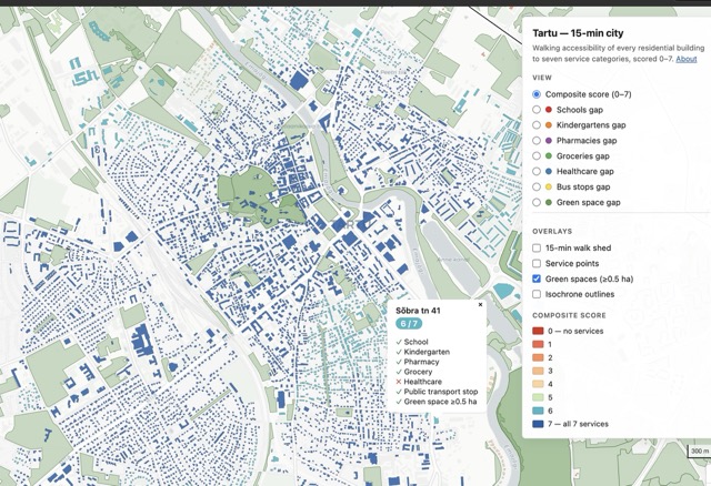 Map of Tartu showing residential access to seven everyday services within a 15-minute walk